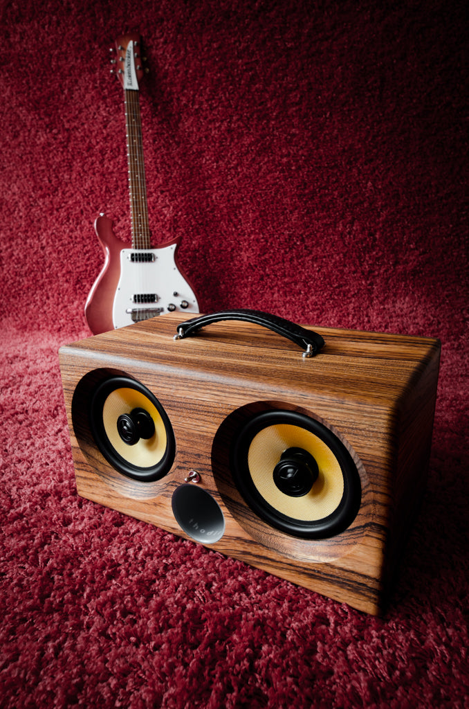 ultimate wooden aptX bluetooth boombox airplay speaker apple dock for iphone, thodio iBox XC teak oak zebrawood beech bamboo guitar amplifier