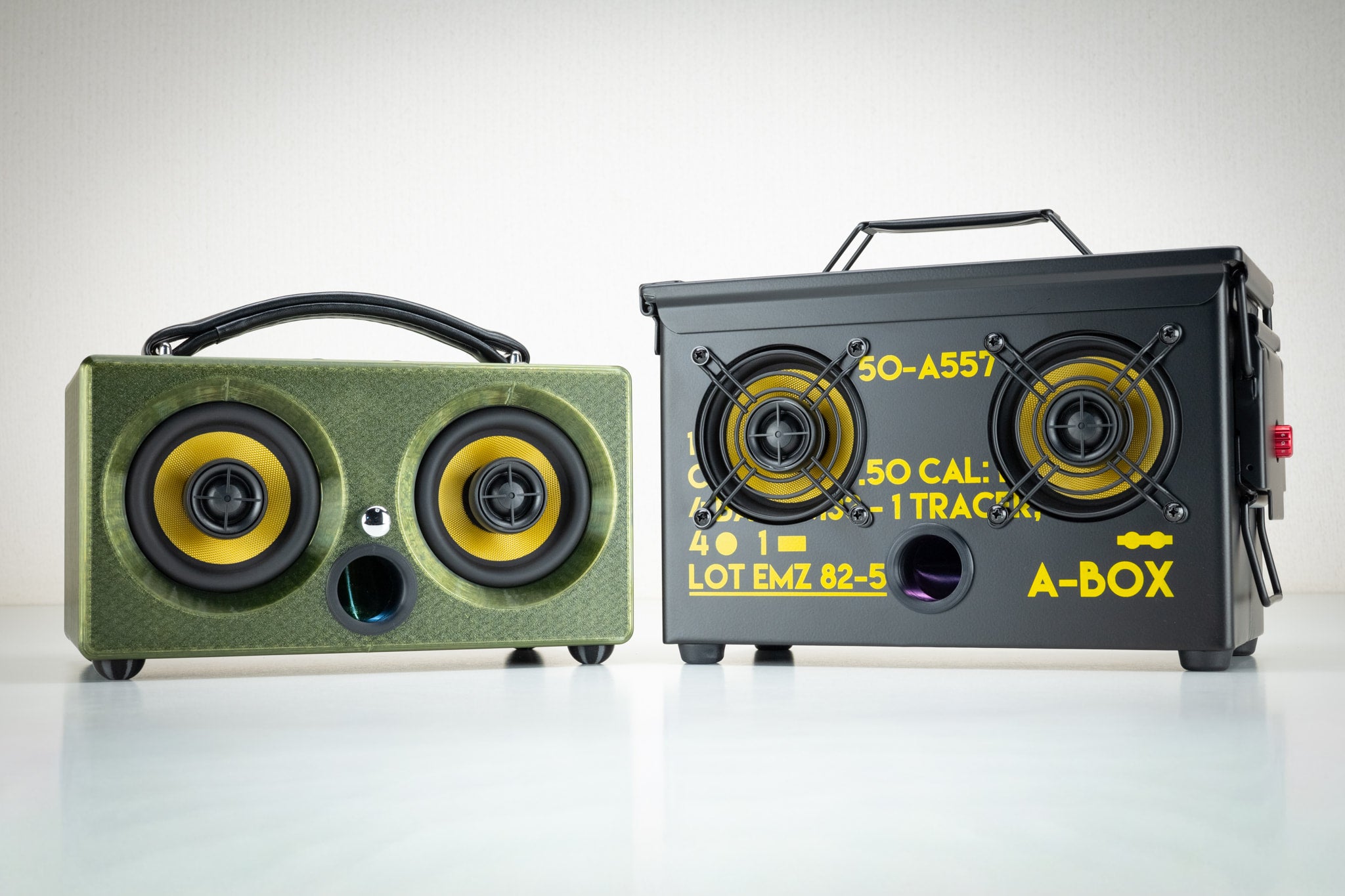 Thodio 3D-printed Bluetooth speaker next to the .50 cal ammo can A-BOX speaker for comparison