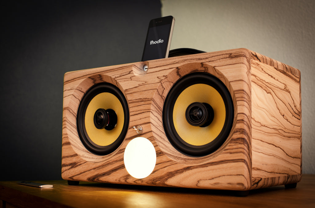 ultimate wooden aptX bluetooth boombox airplay speaker apple dock for iphone, thodio iBox XC teak oak zebrawood beech bamboo