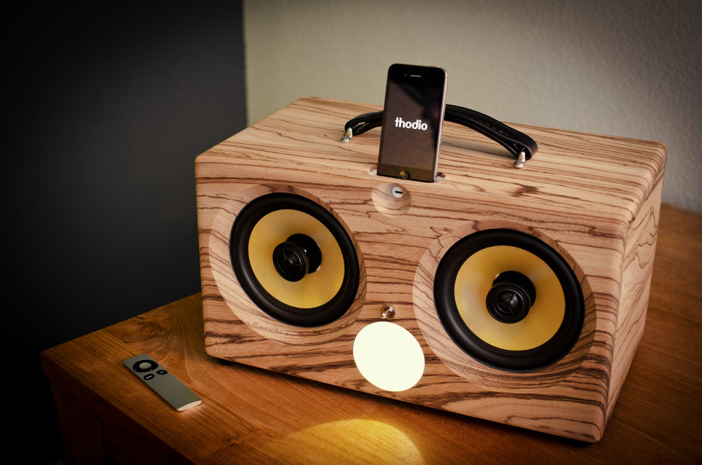 ultimate wooden aptX bluetooth boombox airplay speaker apple dock for iphone, thodio iBox XC teak oak zebrawood beech bamboo