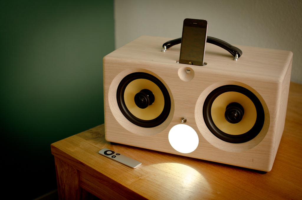 ultimate wooden aptX bluetooth boombox airplay speaker apple dock for iphone, thodio iBox XC teak oak zebrawood beech bamboo