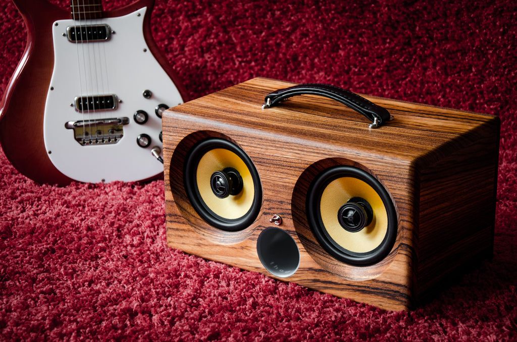 ultimate wooden aptX bluetooth boombox airplay speaker apple dock for iphone, thodio iBox XC teak oak zebrawood beech bamboo guitar amplifier