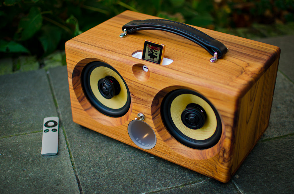 ultimate wooden aptX bluetooth audiophile boombox airplay speaker apple dock for iphone, thodio iBox teak oak zebrawood beech bamboo