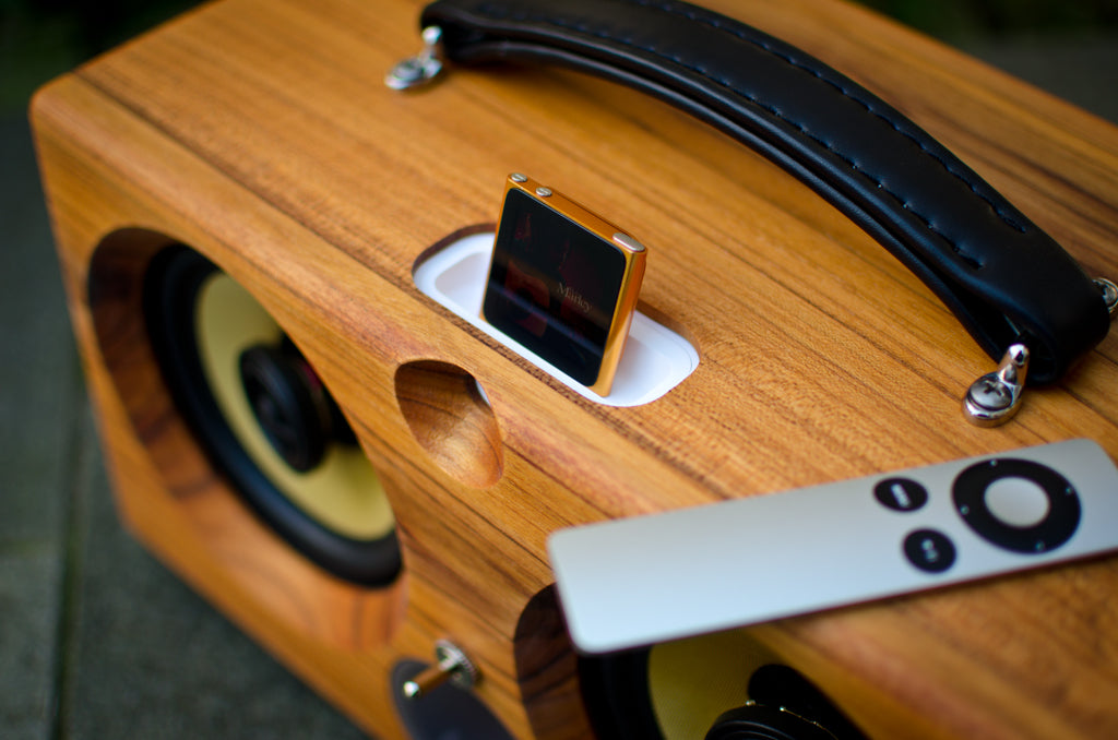 ultimate wooden aptX bluetooth audiophile boombox airplay speaker apple dock for iphone, thodio iBox teak oak zebrawood beech bamboo