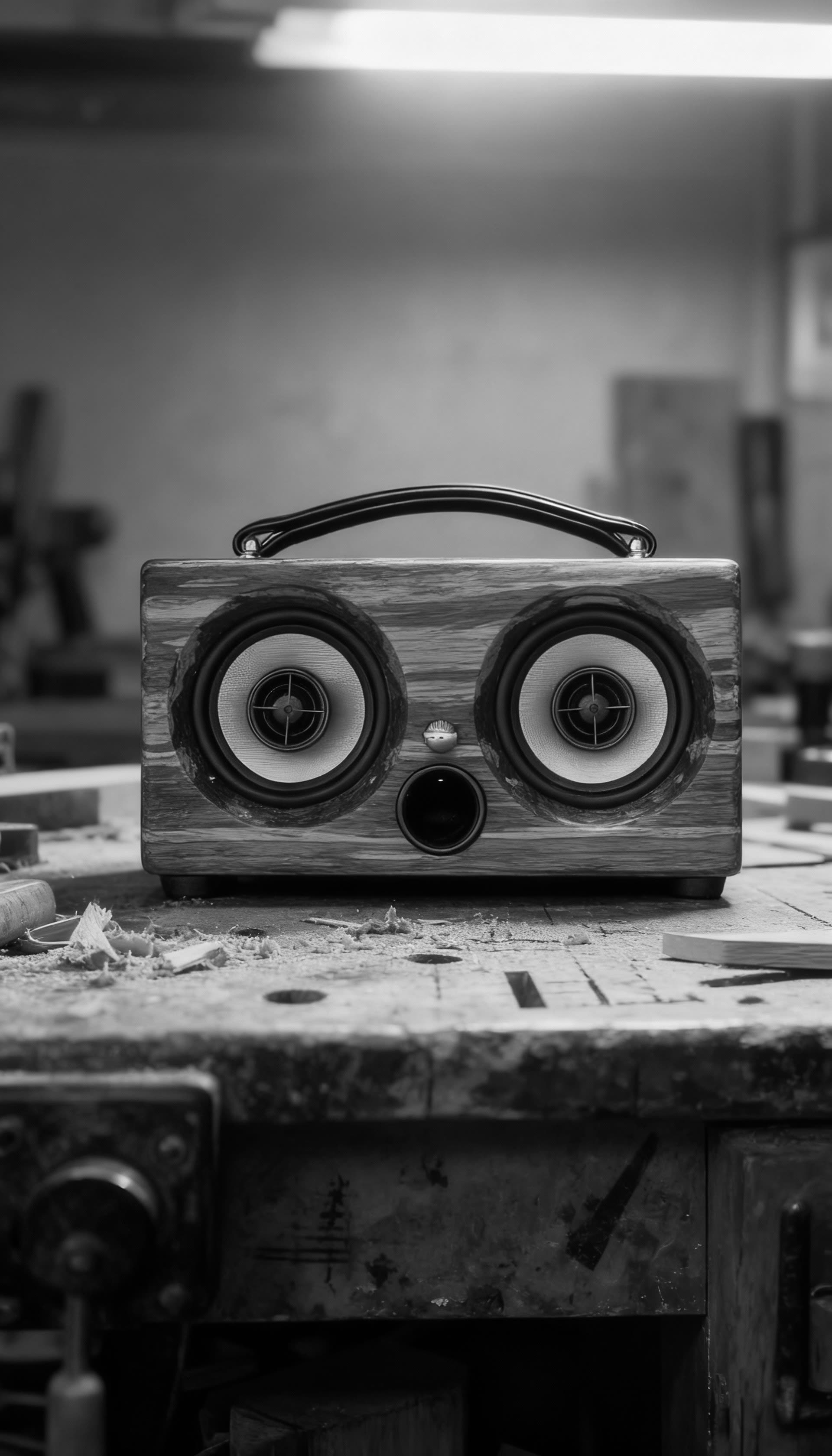 A Thodio iBox speaker resting on a vintage carpenter's workbench